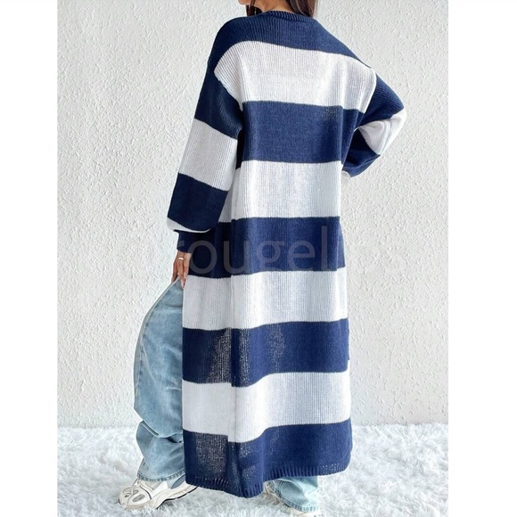 Striped White Navy Long Duster Knit Cardigan Open - Picture 4 of 8